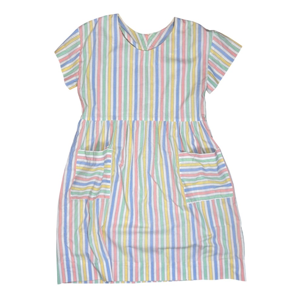 Vintage Handmade Pastel Rainbow Striped Midi Dress Short Sleeve Pockets